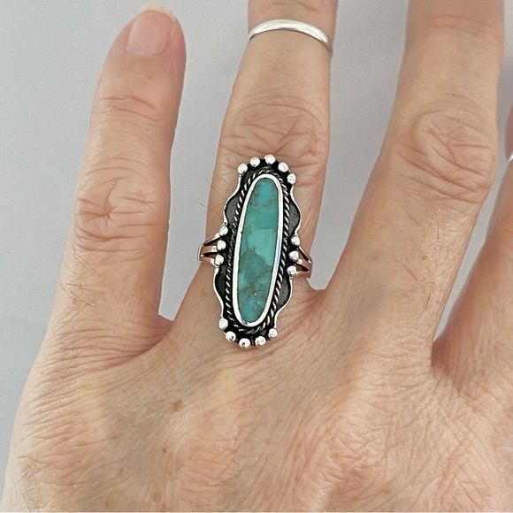 Sterling Silver Long Oval Genuine Turquoise Ring, Boho Ring, Silver Rings - Picture 10 of 12